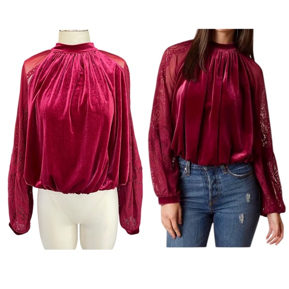 Free People Raspberry Velvet Lace Dream Team Top - Picture 1 of 8